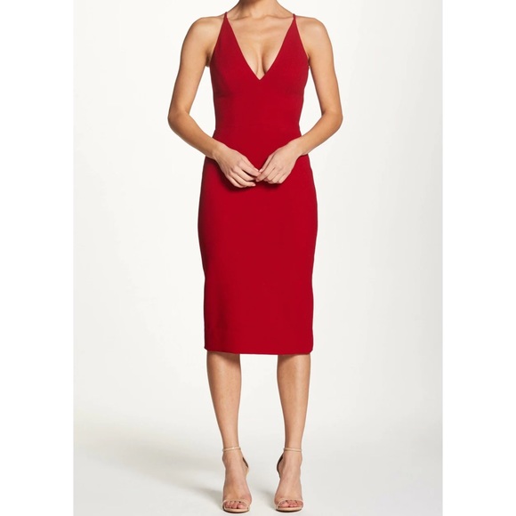 Dress the Population Cocktail Dress Lyla Midi Sheath Garnet Red Crepe Size Small - Picture 1 of 12